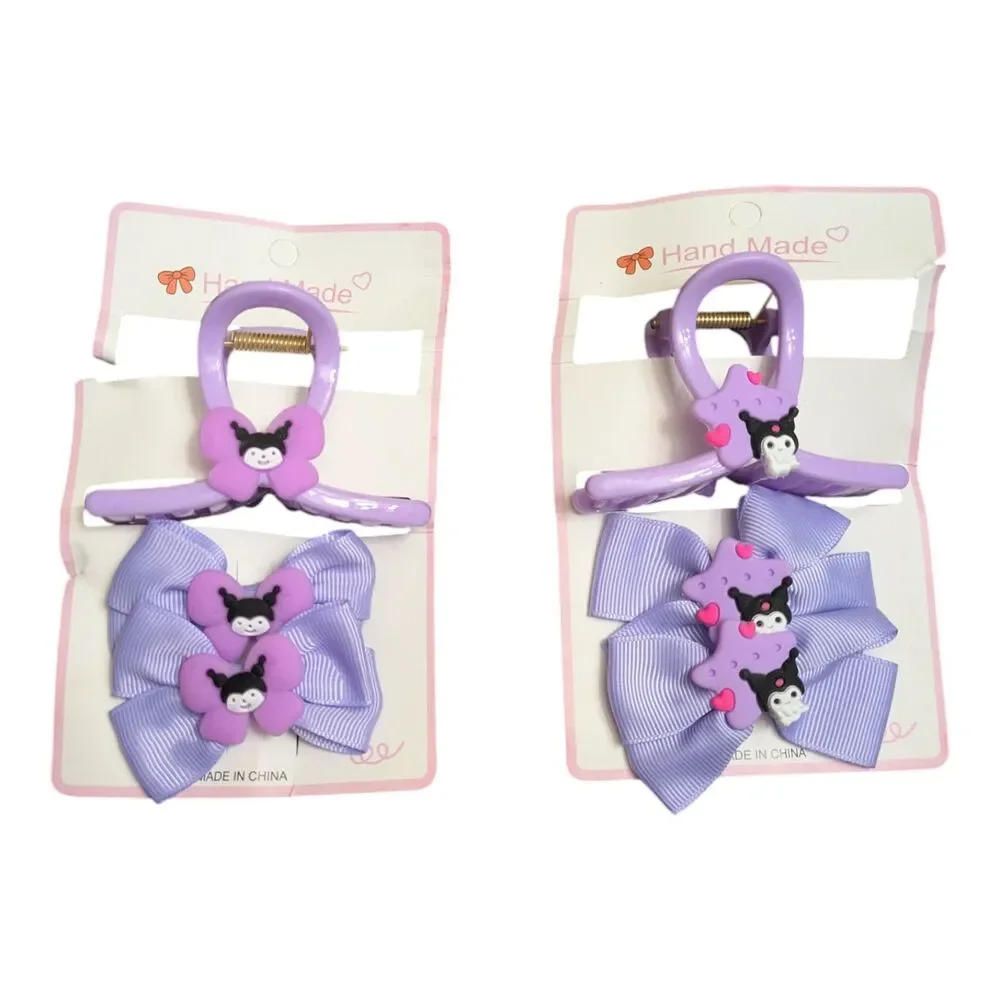 Kawaii Purple Hair Clip Set | Bow Clips + Mini Claw Clips | Cute Goth Style